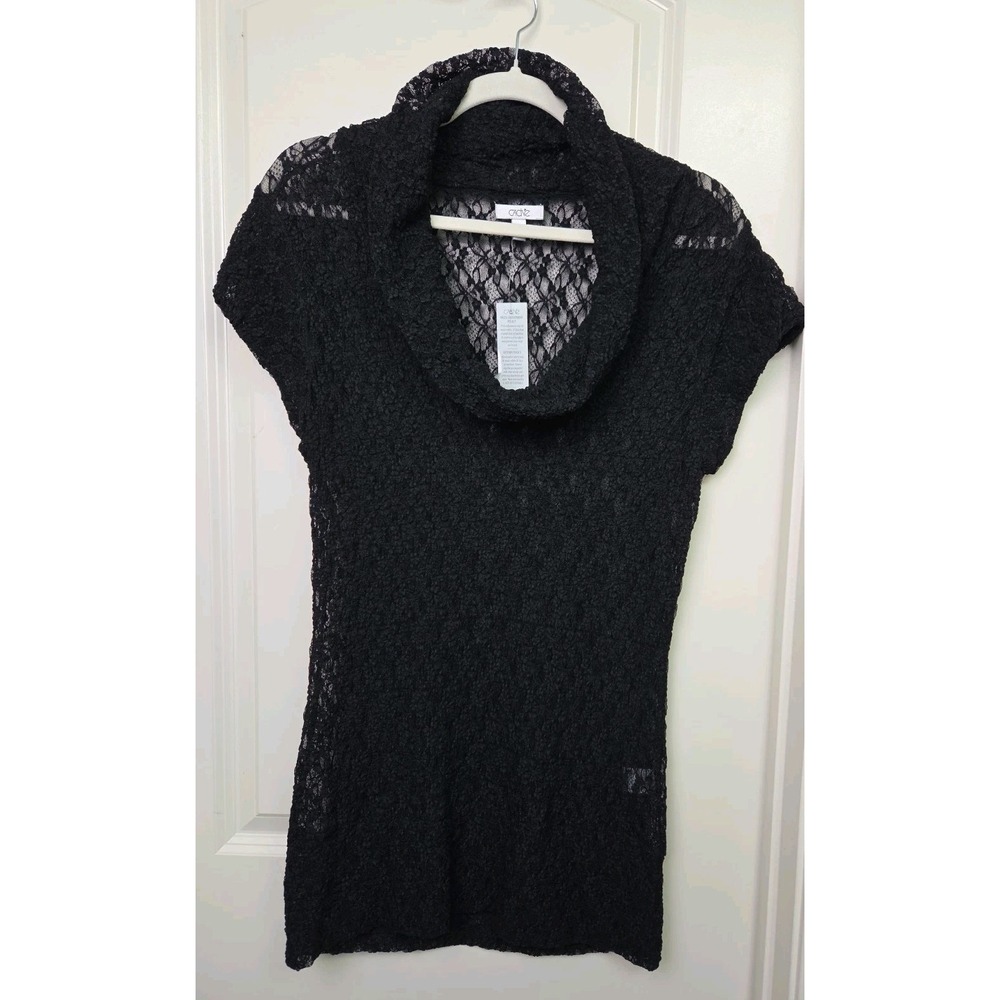 90s Y2k DEADSTOCK Cache Black Lace Dress Tunic Cowl Neck Sheer Stretch Size L
